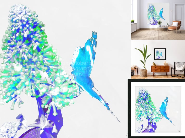 Digital image featuring an artistic Butterfly on a Buddleia flower on canvas and art prints 