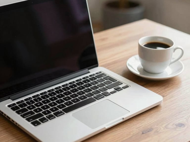 Modern office workspace with a laptop and a cup of coffee, symbolizing professional consulting.