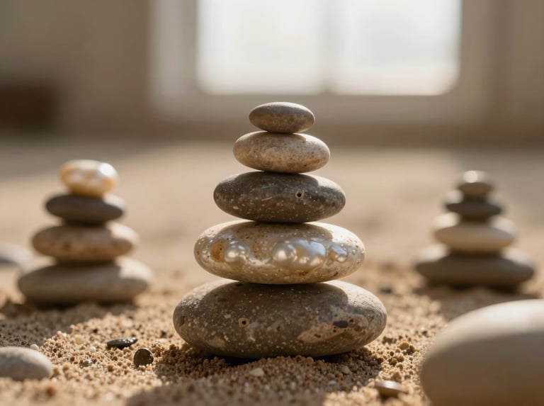 Macro shot of smooth river stones stacked in perfect balance, warm morning light, shallow depth of field, earthy sand tones