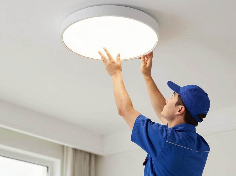 Electrician fixing a modern light fixture in a cozy São Paulo home with black and yellow tools.
