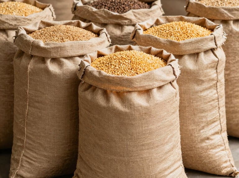 Stack of sturdy hessian bags ready for export, neatly arranged in a warehouse setting.