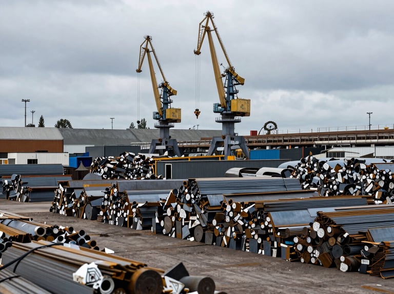 Wide environmental shot of a high-volume material recovery yard under overcast daylight, massive sorted steel piles, heavy crane in background, sharp focus, 35mm lens