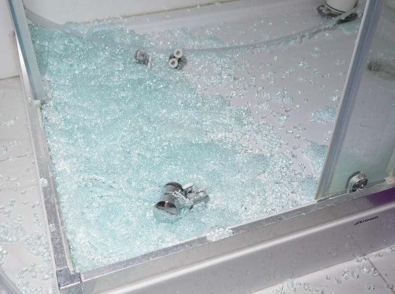 Broken safety glass scattered over a shower tray and bathroom floor – shows a shattered shower door