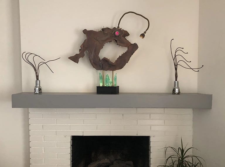 Talbotics angler fish sculpture at home in Santa Barbara.
