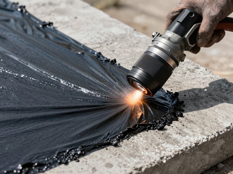 Close-up of technical waterproofing application on a concrete slab, showing dark asphaltic membrane being heat-torched precisely