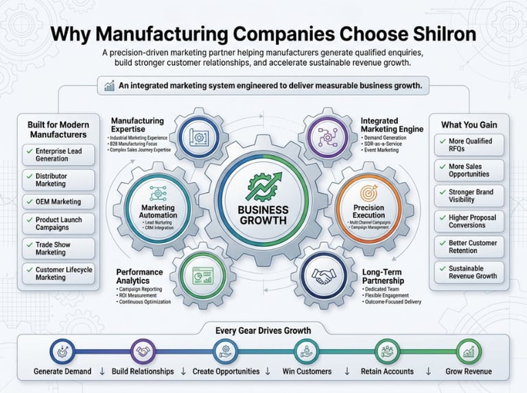 Industrial B2B marketing infographic showing how manufacturing companies drive business growth through lead generation and