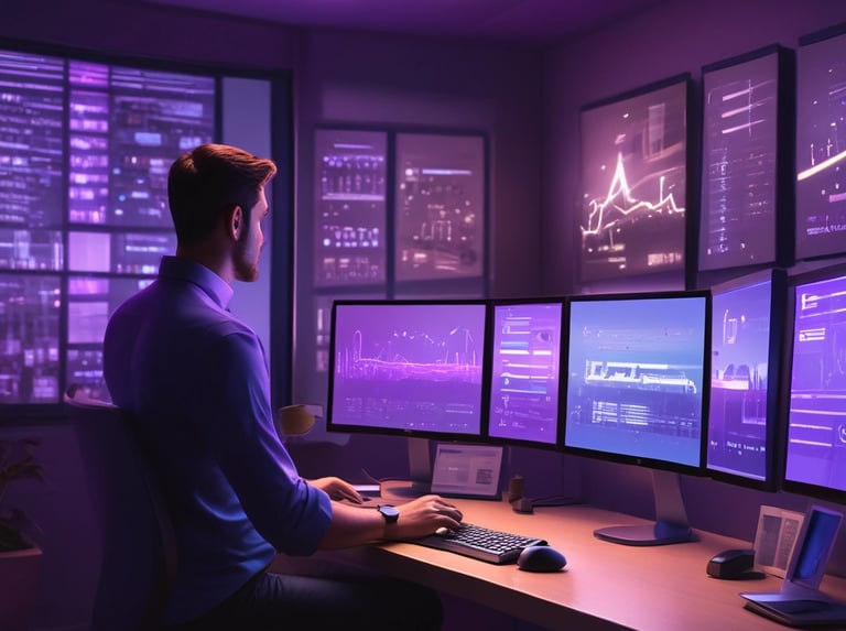 small business office in Florida at night, with a founder reviewing a dashboard on a laptop while an