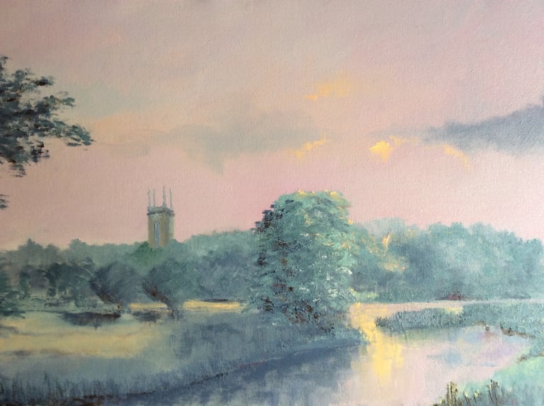 A painting of an angler on the River Avon at Charlecote Park near Stratford-Upon-Avon
