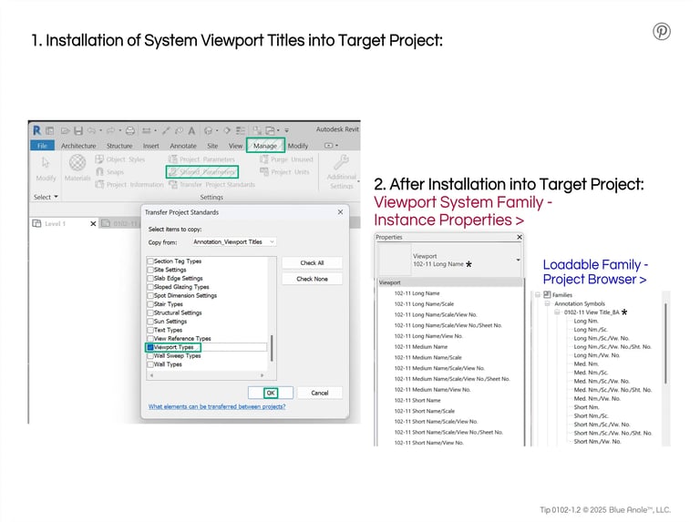 Tip 0102-1.2, Revit images explaining installation steps of Viewport &View Title Family