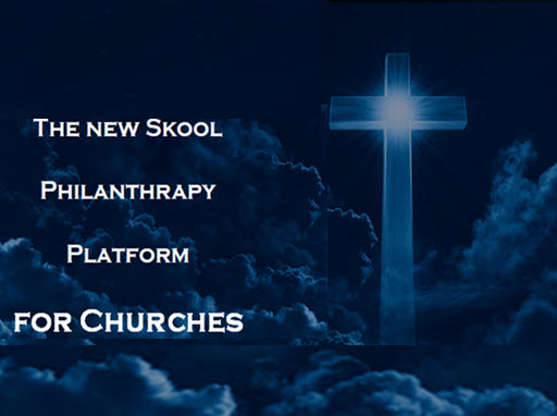a cross on a cloudy day with the tagline the new skool philanthropy platform for churches
