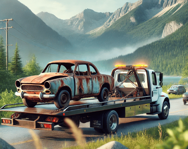 An image of a tow truck in Squamish hauling away an old junk car.