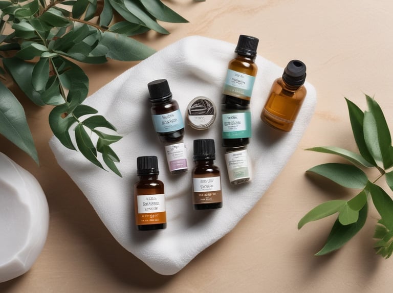 Aceites esenciales, sobre una toalla blanca