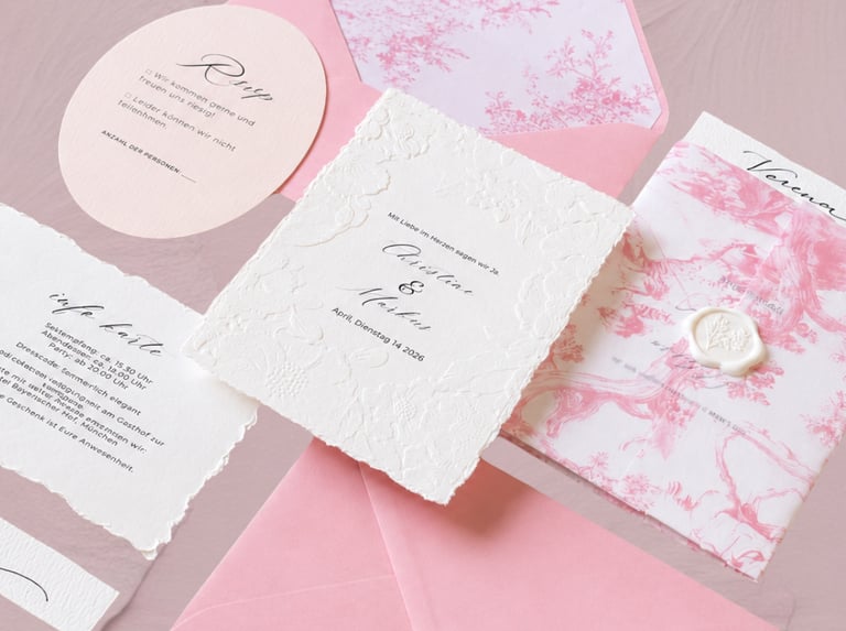 Elegant pink and white wedding invitation suite with floral patterns, wax seals, and deckle edge paper.