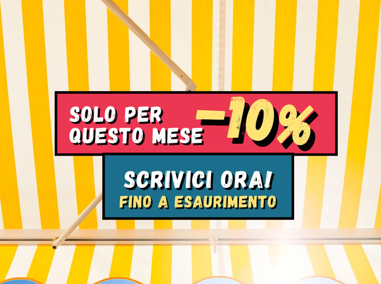 Grafica promozionale con scritta “Solo per questo mese -10%” su sfondo a righe gialle e bianche.