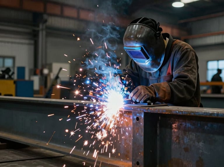 Wide environmental shot of a welder working on a large structural steel joint inside an industrial facility, overhead shop lighting, sparks falling toward concrete floor, full structure visible behind in darkness, no posed arrangement