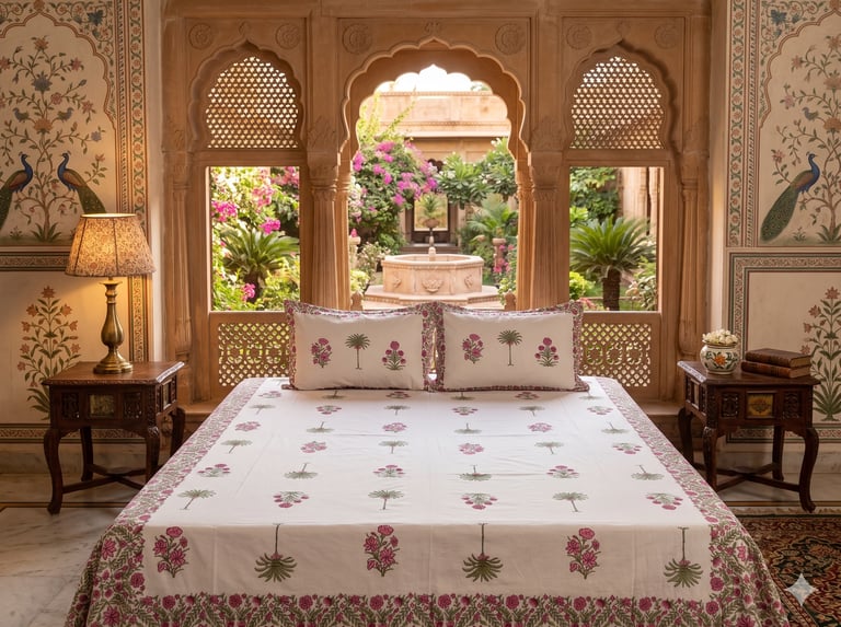 Elegant black and grey block-printed Jaipuri cotton bedsheet with minimalist floral and palm designs