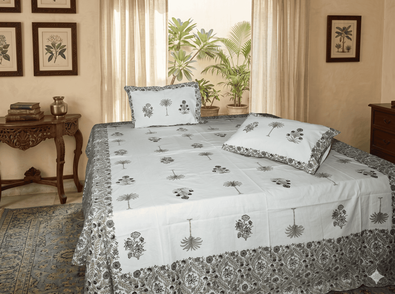 Sanganeri style hand-block printed bedsheet with pink floral and green palm motifs
