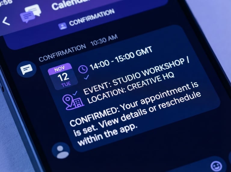 Tight macro shot of a mobile screen showing a clean calendar booking confirmation via SMS, cool studio lighting, deep navy and electric violet tones, 35mm