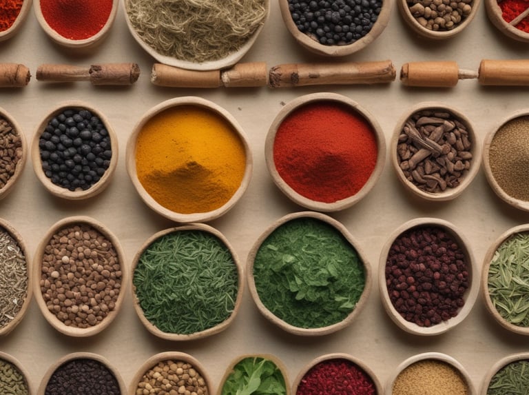 Close-up macro photo of vibrant, hand-picked spices drying slowly on rustic wooden trays.