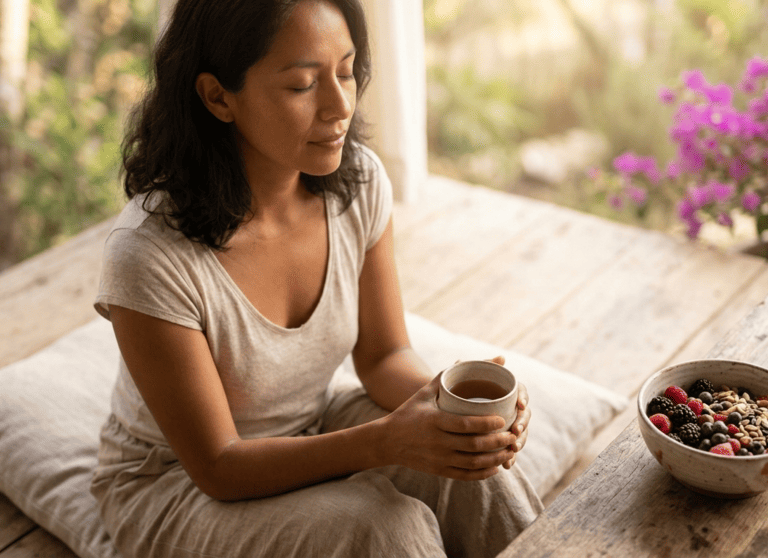 Mujer relajada disfrutando de un momento de meditación, para despues tomar el desayuno