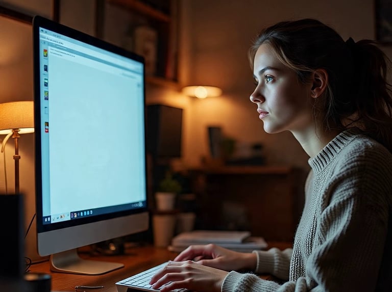 A woman is sitting at a computer table typing