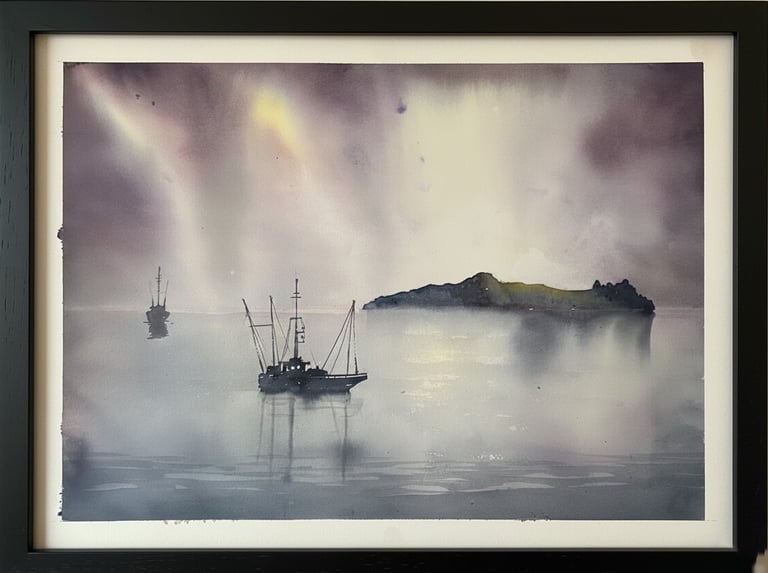 watercolour painting of 'An Fear Marbh', one of the Blasket islands, west coast of Ireland..