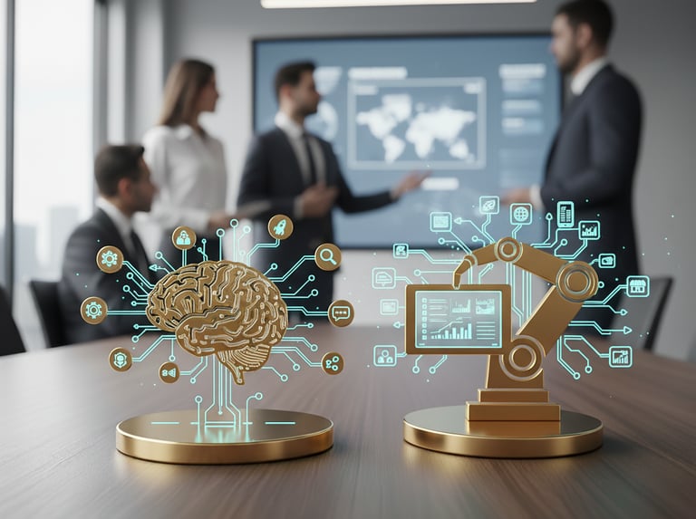 Símbolos de IA, como um cérebro digital e um braço robótico dourado. Executivos em reunião.