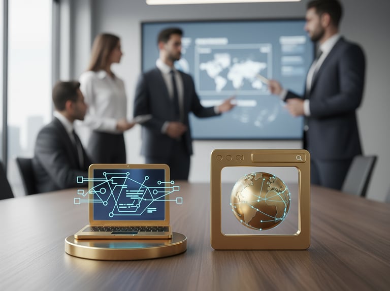 Laptop dourado com circuitos e um globo dourado em uma janela de navegador. Executivos em reunião