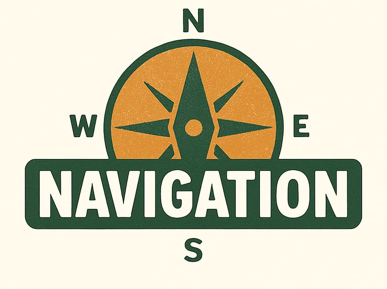 Navigation section icon with compass rose — wilderness wayfinding, orienteering, survival direction skills category banner”