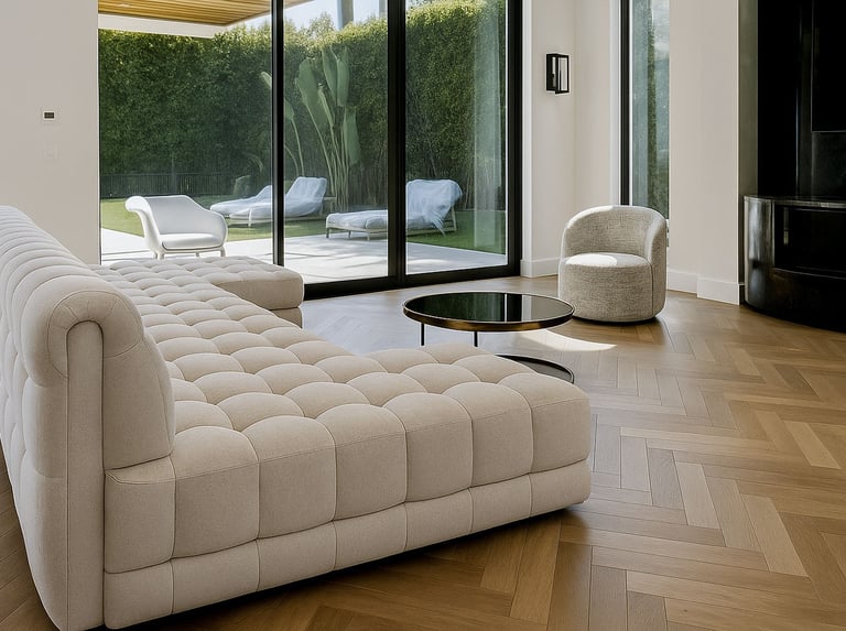 Modern living room with tufted beige sofa, round coffee table, and large glass doors to patio