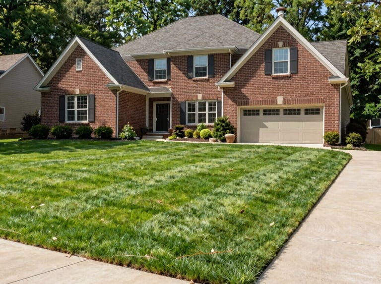 Low-angle wide shot of a beautiful brick home in a Northville Michigan neighborhood, featuring a perfectly manicured, striped green lawn and clean concrete driveway edges under bright morning sunlight, 35mm