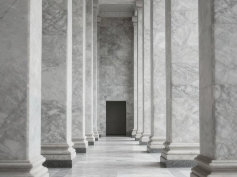 A striking perspective shot of marble pillars and a clean stone floor of a modern institutional hall. The composition leads the eye upward, representing growth and renewal. Colors include #94A7B7 and highlights of #F4F7FA.
