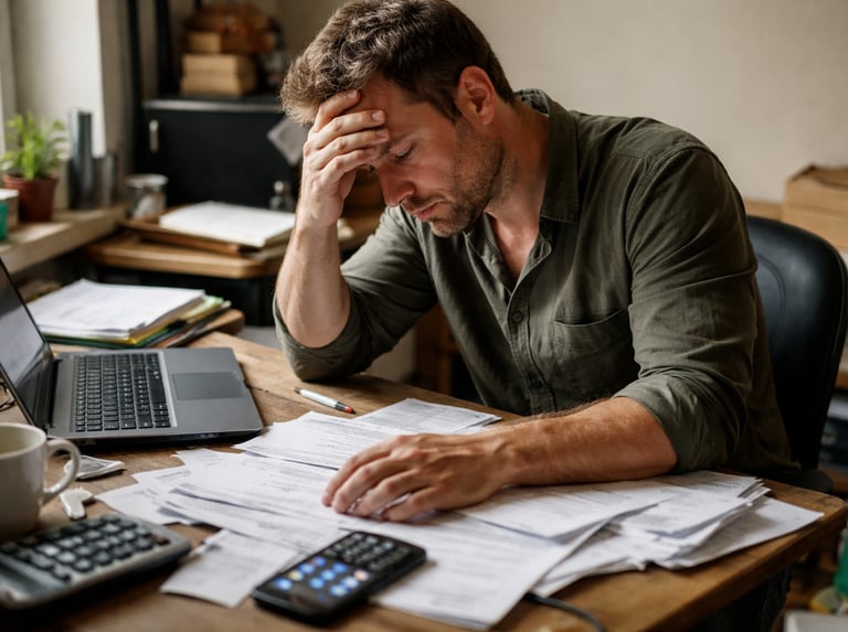a man sitting at a desk with a laptop and a calculator
