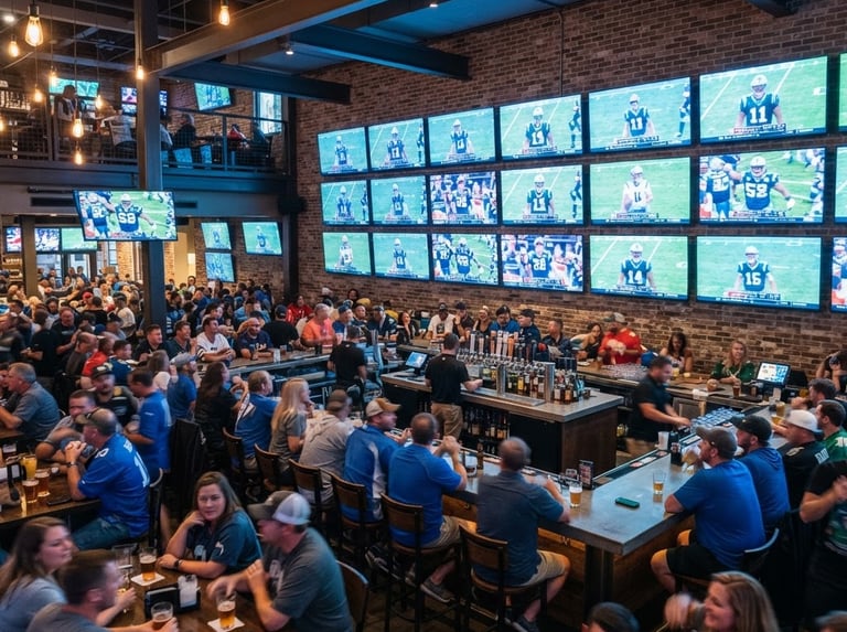 Wide environmental shot of a modern, packed Charlotte sports bar during a game, rows of perfectly aligned flat screens glowing with crisp sports broadcasts, clean architectural lighting, 24mm lens.