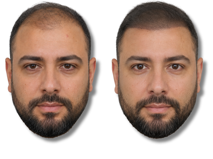 Before and after SMP results showing a man with restored hairline and increased hair density.
