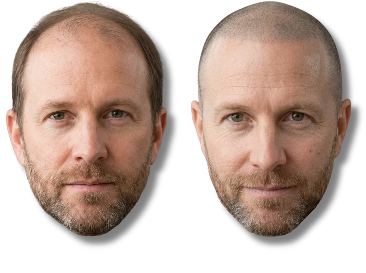 Before and after scalp micropigmentation results showing a man with hair loss restored with a buzzed look.