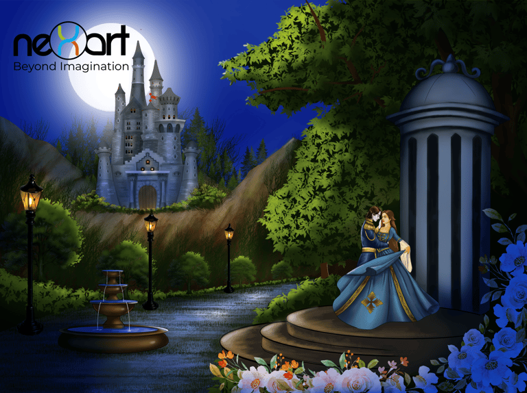 a woman in a blue dress is standing in front of a castle