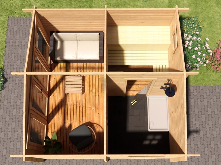 buiten met kledingruimte sauna in de tuin