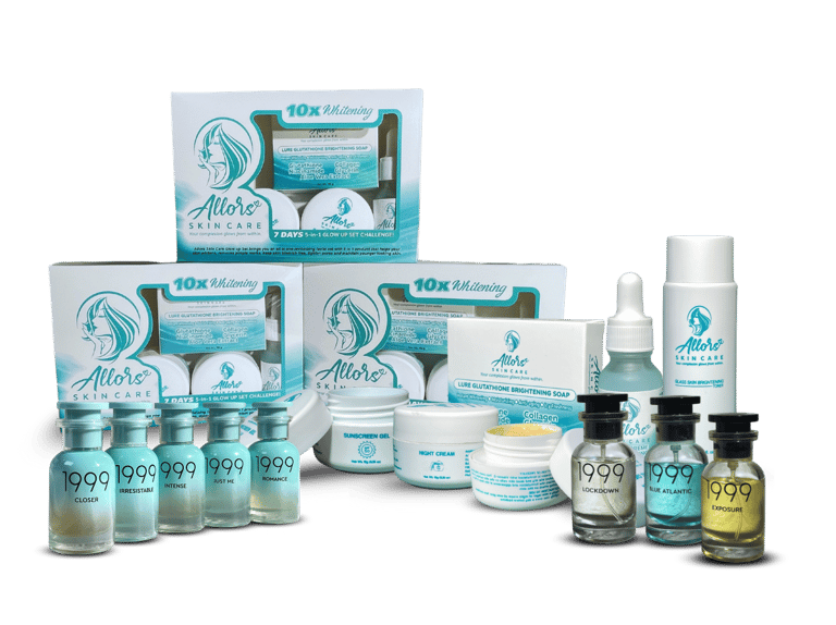 Collection of Allors Skin Care products and Eau de Parfum bottles with brightening soaps, creams, and serums 