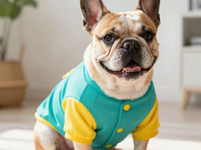 Vibrant pet photography, a cheerful French bulldog wearing a custom-tailored colorful teal and yellow shirt, sitting proudly in a bright room, natural daylight, warm tones, shallow depth of field.