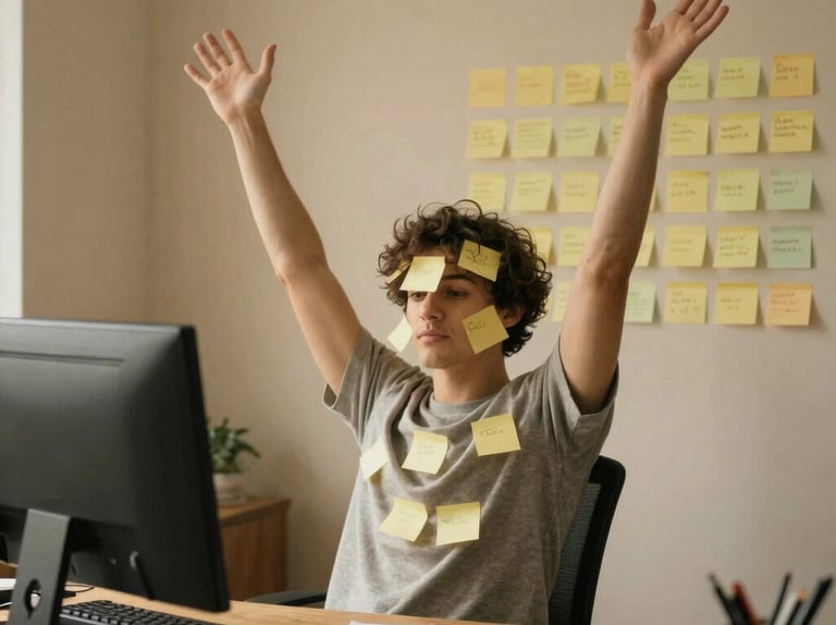 someone sitting at a desk in a warm cosy room with post it notes plastered all over them and the des