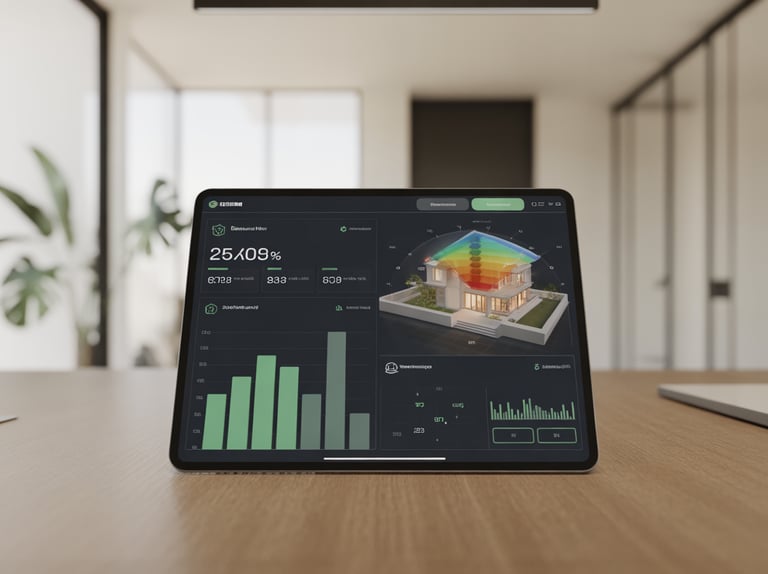 Smart home dashboard on a tablet displaying energy usage charts and a 3D house thermal map.