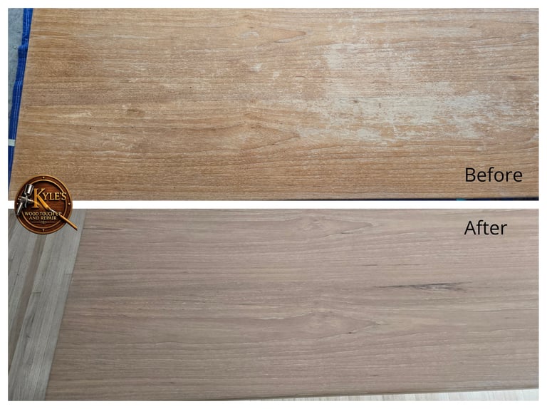 Before and after comparison of professional wood kitchen cabinet repair and water damage restoration.