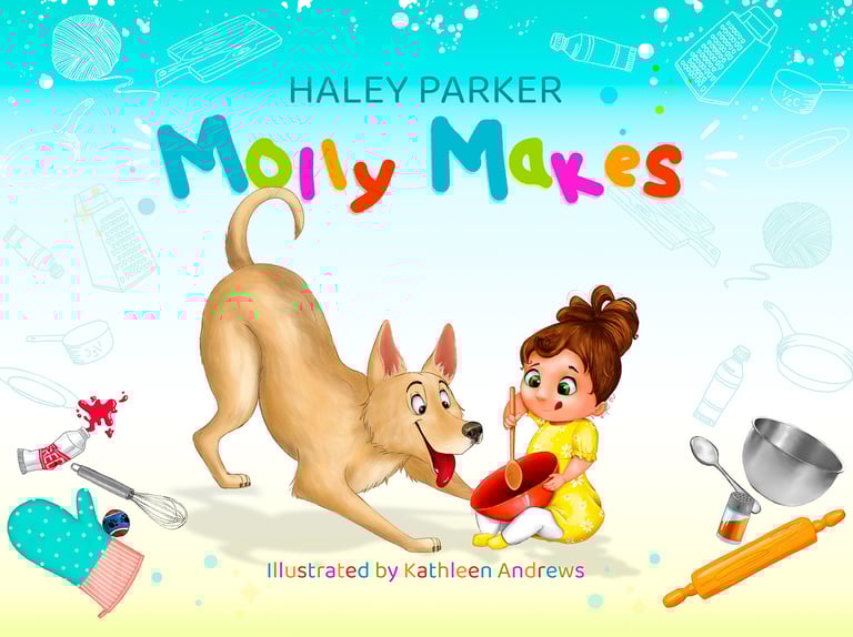 Children's Book Illustration Girl and Dog preparing dinner playful illustration cartoon artwork art Colorful Molly Makes