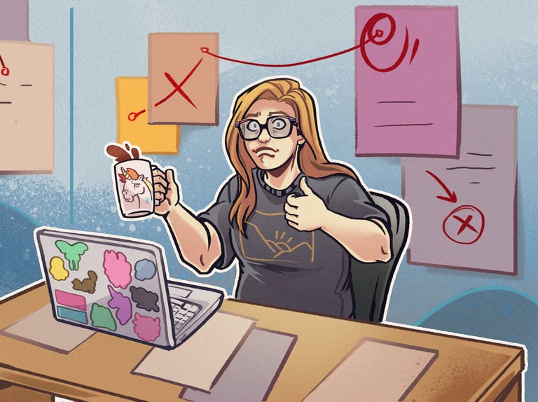 Cartoony illustration of Sara Dudenhoeffer sitting at her laptop looking a bit frazzled