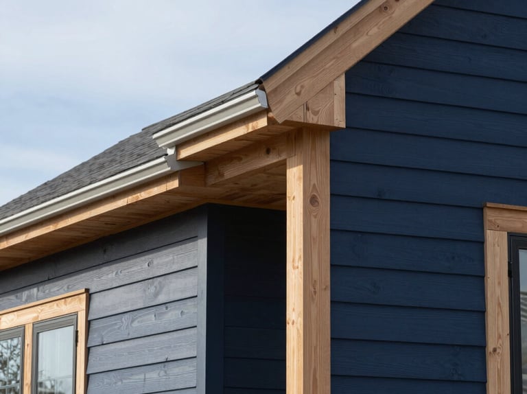 Crisp architectural photo of a finished home exterior with clean siding lines against a bright morning New England sky, sharp focus, 35mm lens