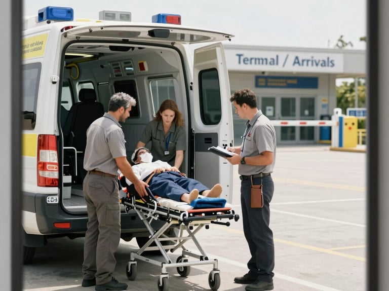 Des ambulanciers chargent un patient sur une civière dans une ambulance, dans la zone des arrivées.