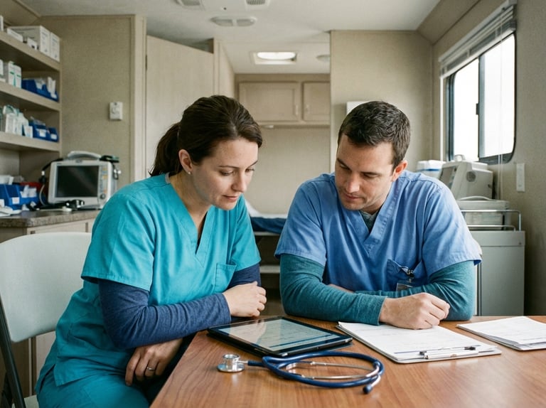Deux professionnels de santé en blouse bleue consultent les données d'un patient 