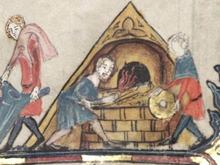 Medieval manuscript illustration showing bakers using a wood-fired brick oven to bake bread.