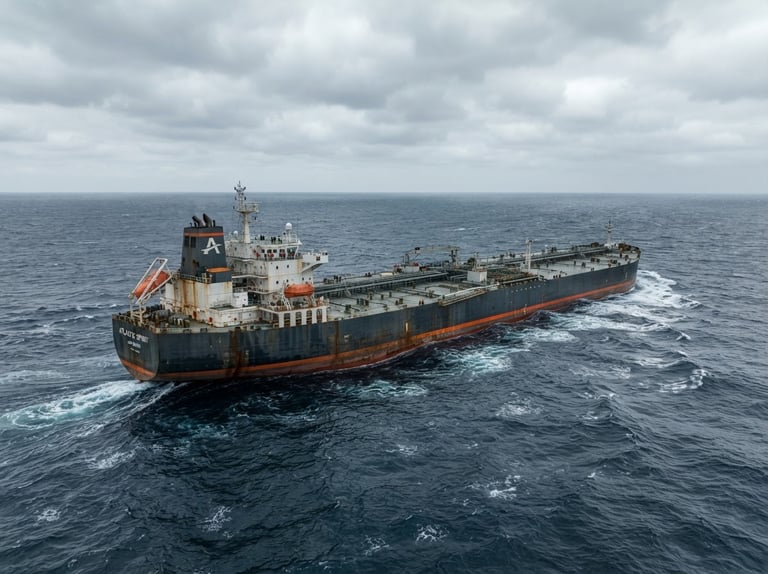 Wide-angle environmental shot of a massive commercial tanker vessel navigating deep steel blue waters under an overcast sky